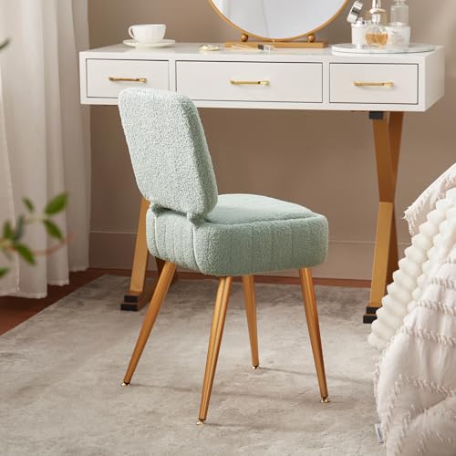 Updated Vanity Chair, Storage Ottoman with Folding Back & Gold-Toned Metal Legs, Ottoman Seat with Teddy Velvet for Dressing Room Living Room Bedroom, 16" x 12.5" Inch - color: Green, size: 16" x 12.5"