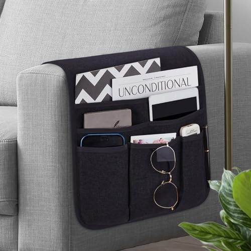 Teniux Remote Control Holder Armchair Caddy for Recliner Couch, Non-Slip Armrest Organizer with 5 Pockets for Magazine, Tablet, Phone, iPad - color: Color A- Black