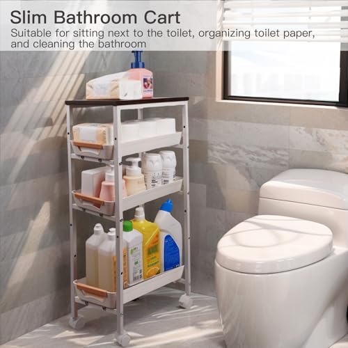 5 Tier Slim Rolling Storage Cart with Wood Top, Narrow Laundry Room Organizer for Tight Gaps, Metal Bathroom Gap Filler, Kitchen Pantry Trolley, Small Spaces (White) - color: White