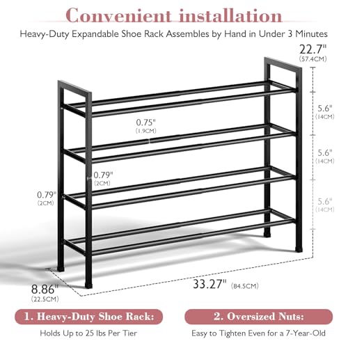 Bumusty 4-Tier Expandable Shoe Rack for Closet, 18“-33” Adjustable Shoe Rack for Small Space, Small Shoe Organizer for Front Door, Sturdy Metal, Black - color: Black, size: 4-Tier