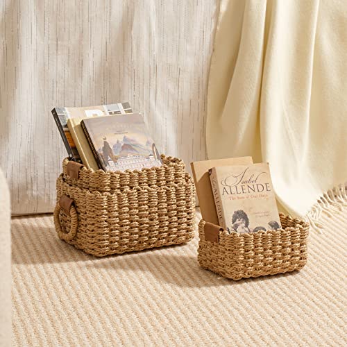 LA JOLIE MUSE Small Wicker Baskets for Organizing, Recycled Paper Rope Storage Basket Container Bins for Shelves Bathroom Cupboards Drawer, Decorative Square Basket Organizer Set of 3 - color: Desert