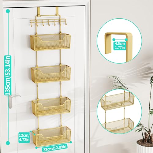 HapiRm Over The Door Organizer - Hanging Door Organizer with 4 Metal Large Capacity Baskets and Adjustable Coat Hook for Bathroom Bedroom Kitchen Pantry Closet Cabinet - color: Gold