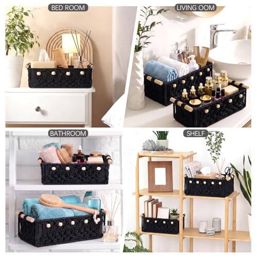 Vesici 4 Pcs Macrame Storage Basket for Shelves 13 in 11 in Boho Storage Basket Hand Woven Boxes with Wood Handles Beads Decorative Countertop Toilet Tank Cabinet Organizer for Home Room Decor (Black) - color: Black