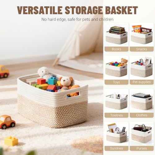5 Pack Woven Storage Baskets for Shelves, Decorative Basket Organizer Storage Bins for Toys, Books, Clothes, Closet, Nursery, Bathroom – Cotton Rope Shelf Baskets for Organizing, Khaki & White - color: Khaki & White