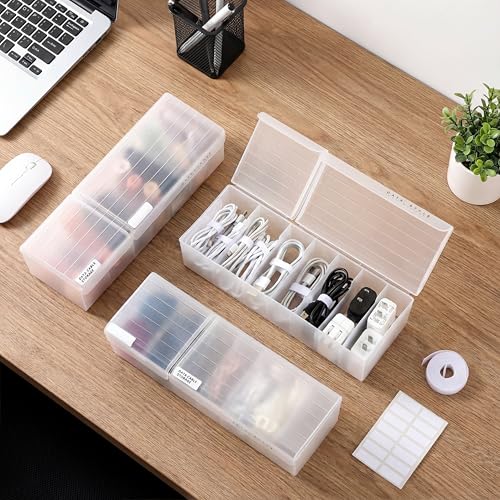 AceOrbit 3 Pack Clear Cable Organizer Box with Wire Ties and Label, Plastic Cord Charger Storage Box with Lid Stackable Cable Storage Wire Case for Desk Drawer Office Home Organization and Accessories
