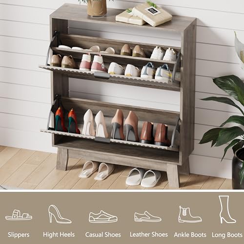 HUANLEGO Shoe Cabinet Storage for Entryway with 2 Flip Drawers, Fluted Narrow Shoe Organizer with Wooden Legs, Freestanding Slim Shoe Storage Hidden Shoe Rack Organizer for Front Door Entrance, Grey - color: Grey, size: 2 Drawer