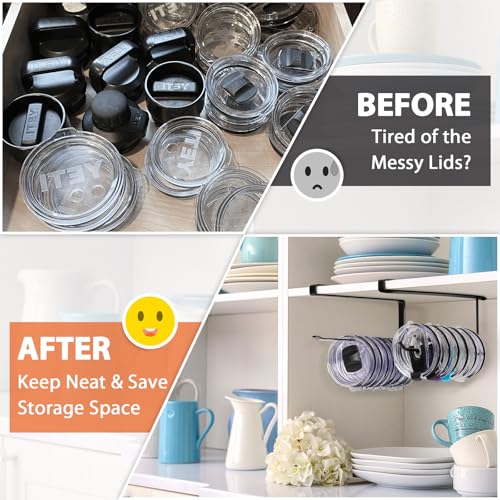 2 Pack Tumbler Lid Organizer, Horizontal Tumbler Lid Storage Hook Up to 20 Lids, Space Saving Cup Lid Holder Under Cabinet Tumbler Lid Hook for Kitchen Organizer, Paper Towel Hanger(Round&Flat, Black) - color: Black, size: 2 Pack(Round&Flat)