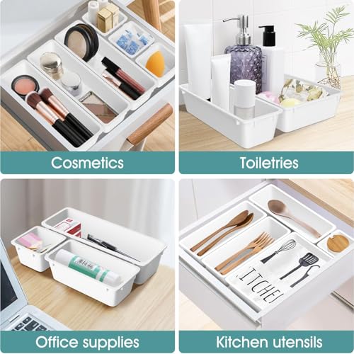 WOWBOX 25 PCS Plastic Drawer Organizer Set, 4 Sizes Desk Drawer Divider Organizers and Storage Bins for Makeup, Jewelry, Gadgets for Kitchen, Bedroom, Bathroom, Office, White - color: White