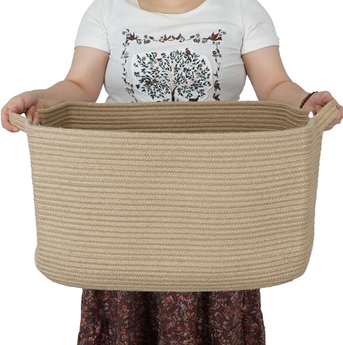 XUANGUO Large Rectangle Blankets Basket Living Room 22"x17"x12" Woven Jute Rope Storage Baskets for Nursery Toy Baskets for Kids and Dogs Wicker Laundry Basket Bin for Clothes Towels - color: Jute