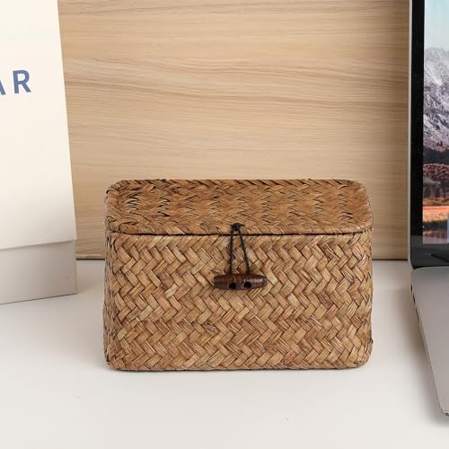 Handwoven Wicker Storage Basket Small Seagrass Box with Lid Multipurpose Table Organizer for Dental Floss Paper Clip Holder, 6.1" x 4" x 3.3" - size: 6.1"L x 4"W x 3.3"H