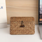 Handwoven Wicker Storage Basket Small Seagrass Box with Lid Multipurpose Table Organizer for Dental Floss Paper Clip Holder, 6.1" x 4" x 3.3" - size: 6.1"L x 4"W x 3.3"H