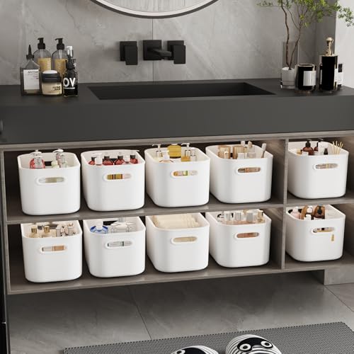 ORGIDOL 10 Pack White Plastic Storage Bins, Storage Container for Organizing, Storage Boxes with Handle for Shelves, Cute Organizer Bins for Craft, Snacks, Pantry, Cabinet, 9.69x6.7x5.7 inch - color: White, size: 10Pack