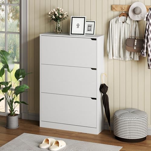 BORNOON Shoe Cabinet with 3 Flip Drawers, Hidden Wood Shoe Cabinet,Freestanding Shoe Storage Cabinet for Entryway Hallway.White. 47.2" H*31.5" W*9.45" D. - color: White, size: 3 Drawers