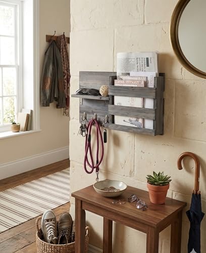 Spiretro Wall-Mounted Key Holder Hooks - Rustic Wood Weathered Grey & Black - Entryway Organizer for Mail, Leashes, and Purses - Floating Shelf, 16.5” W x 9.75" H x 4.5” D - color: Weathered Grey & Black Organizer & Wood Shelf