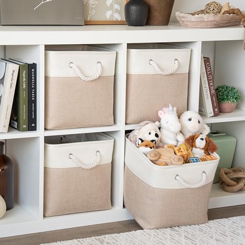 OrganiHaus 12x12 Cube Storage Bins 4 Pack, Foldable Cube Storage Organizer w/ Rope Handles, Collapsible Fabric Bins for Toys, Clothes & Closet Organization, Fabric Square Baskets - Beige/White - color: Beige Base / Off-White, size: 4 pcs (12x12)