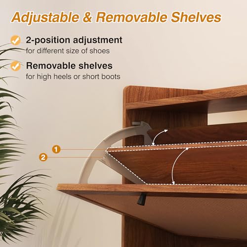 AVZEAR Narrow Shoe Storage Cabinet for Entryway with 2 Flip Drawers, Freestanding Shoe Cabinet with Natural Linen Panel, Slim Wood Shoe Organizer Closed Shoe Rack for Hallway, Foyer(Walnut) - color: Walnut, size: 2 Drawers