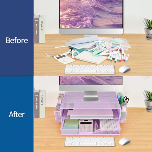 AUPSEN Computer Monitor Stands Riser，2-Tier Desk Organizers and Accessories, Office Desk Accessories Organizer with Drawers and 2 Pen Holder for Office Supplies (Purple) - color: Purple Metal