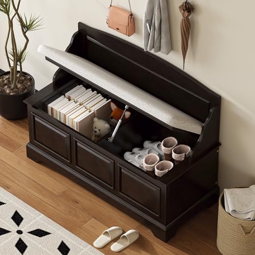 Knocbel Rustic Entry Storage Bench with Hidden Compartments and Removable Cushion, Wooden Entryway Hallway Foyer Shoe Bench Bedroom End of Bed Bench (Espresso and Beige) - color: Espresso and Beige