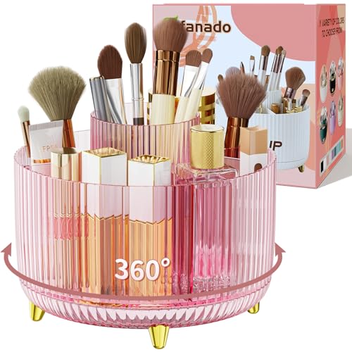 Clear Rotating Makeup Organizer Countertop for Vanity, 360° Makeup Brush Holder Organizer with 5 Compartments, Transparent Cosmetic Storage for Lipstick, Skincare, Bathroom Counter (Transparent Pink) - color: Transparent Pink