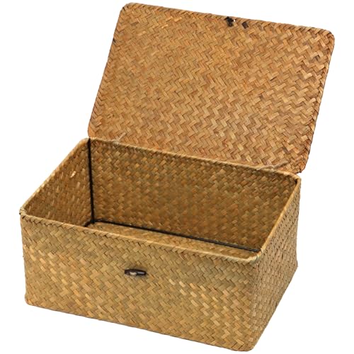Wicker Storage Basket with Lid, Natural Seagrass Woven Shelf Basket for Storage, Rectangular Decorative Storage Bins Boxes Home Organizer Decor (Natural, Medium) - size: 13" x 8.66" x 6.1"