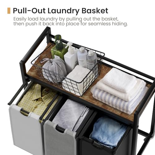 SwaaVee Laundry Hamper, Laundry Basket, Laundry Sorter with 3 Removable Bags, Clothes Basket with 3 Compartments, Wheels, Shelf for Laundry Room Bathroom Bedroom (3 Bags-Black Grey White) - color: 3 Bags-Black Grey White