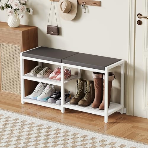 ZHOOGE Shoe Bench & Rack Storage Bench with Seat Cushion, Stable Entryway Bench Holds Up to 300 lb, (35" L x 12" W x 17" H, White) - color: White, size: 35"L x 12"W x 17"H