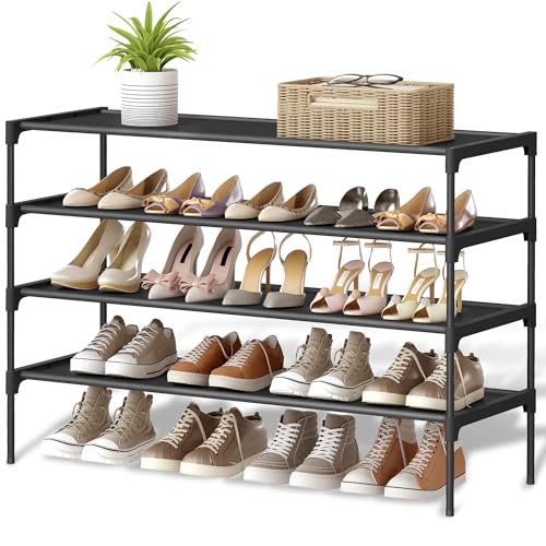SONGMICS Shoe Rack, 4-Tier Shoe Storage Organizer, Space-Saving, 11.7 x 36.1 x 27.7 Inches, Entryway, Metal Frame, Non-Woven Fabric Shelves, Ink Black ULSH034BH01 - color: Ink Black, size: 4 Tiers (36.1"W)