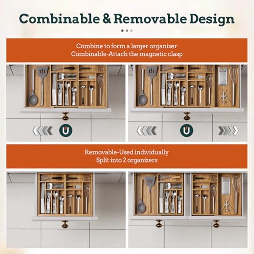 Silverware Organizer Large, Magnetic Connected Expandable 13 Slots Silverware Drawer Organizer From 21 to 37.4 Inches, Adjustable Flatware and Cutlery Holder, Bamboo Utensil Tray for Kitchen Acacia - color: Acacia, size: 13 Slots