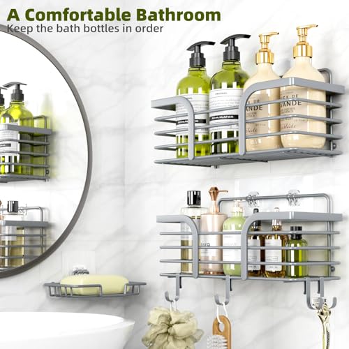 Yougai Shower Caddy, Shower Organizer with Soap Holder and Hooks, Rustproof Shower Shelves, No Drilling Bathroom Organizers and Storage, Wall-Mounted Kitchen & Home Decor, Light Grey - color: Light Grey