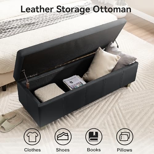 WUTUTUEE 41" Faux Leather Storage Ottoman, Stitch Tufted Rectangle Upholstered End of Bed Storage Bench, Entryway Large Couch Ottoman with Wooden Legs, Dark Black - color: Dark Black, size: 41 Inch