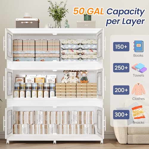 250Gal Extra Large Stackable Storage Bins with Lid & Wheels & Doors, 200QT/50GAL 5-Tiers Collapsible Closet Organizers Plastic Containers Drawers Boxes for Home Kitchen Bedroom, White - color: White, size: 50Gal-5Pack