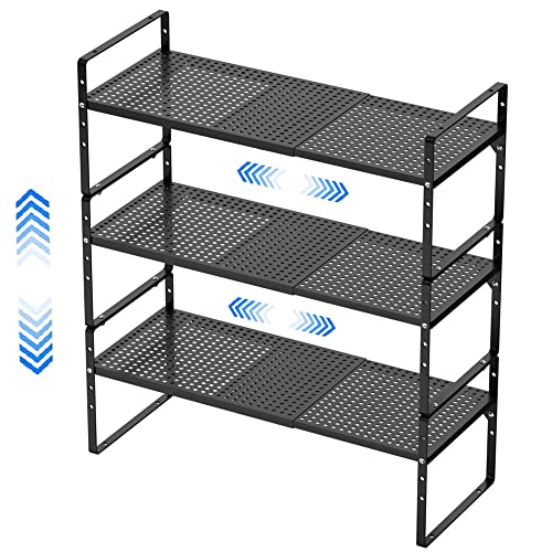 Expandable Cabinet Shelf Organizers, Stackable Cabinet Pantry Counter Under Sink Shelves Storage Shelf Rack for Kitchen Home Office, 10.24" W Black, 3 Pack - color: Black-3pack