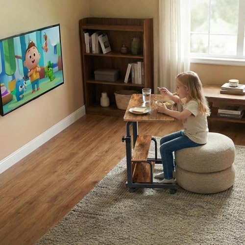 WINAZ C Shaped Rolling Laptop Desk - 24" Rustic Brown Mobile Kids Desk with Wheels for Small Spaces, Height Adjustable Overbed Table with 2-Tier Storage Shelves - color: Rustic Brown