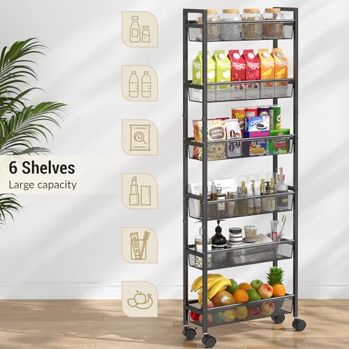 ThreeHio 6 Tier Slim Storage Cart, Narrow Cart with Wheels, Metal Mobile Shelving Unit Organizer for Kitchen, Bathroom, Laundry Room, Living Room & Narrow Spaces, Black, 6in(W) - color: Black, size: 6 Tier(6 inches)