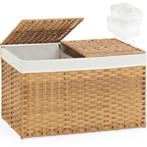 SETVSON Storage Basket with Lid Wicker Baskets for Storage with 2 Separate Lid 42.3 Gallon (160 L) 29.9 x 17.3 x 18.1 Inches Rattan Woven Large Wicker Basket with 2 Liners for Bedroom Laundry Natural - color: Natural, size: 160L-29.9L*17.3W*18.1H