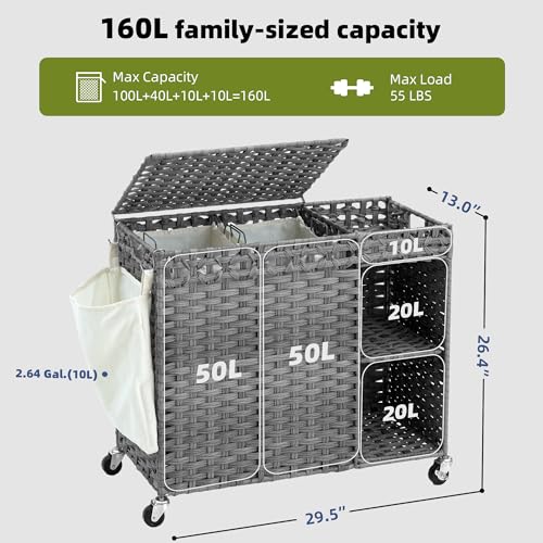 Laundry Hamper with Lid, 160L Rattan Wicker Laundry Basket with Wheels, Handwoven Laundry Hamper 2-Section with Storage shelf(42.3 Gal), Laundry Sorter Basket with Removable Liner, Grey HLH032G - color: Grey, size: 29.5”L x 13”W x26.4”H