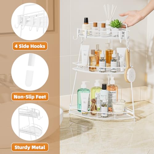 VITVITI 3 Tier Corner Bathroom Counter Organizer, Metal Bathroom Countertop Organizer Shelf Storage, Bath Room Sink Makeup Organizers for Vanity Skincare with Hooks, White - color: White