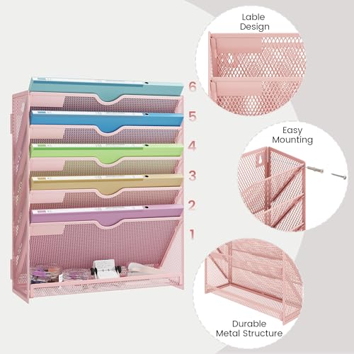 Pink Desk Organizer, Hanging Wall File Organizer with 6 Tiers, Metal Mesh Magazine & Mail Holder for Office Desk, Wall Mount Document Organizer for Home Decor - color: Pink-1pack