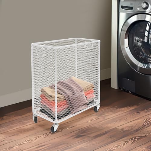 Metal Laundry Storage Cart - Slim, Mesh Wire Rolling Laundry Hamper with Wheels & Ring Handles, Clothes or Linen Storage Organizer Hamper Bin Laundry Basket, 9"L x 17"W x 18"H, White - color: White, size: Slim Rectangular - 9"W