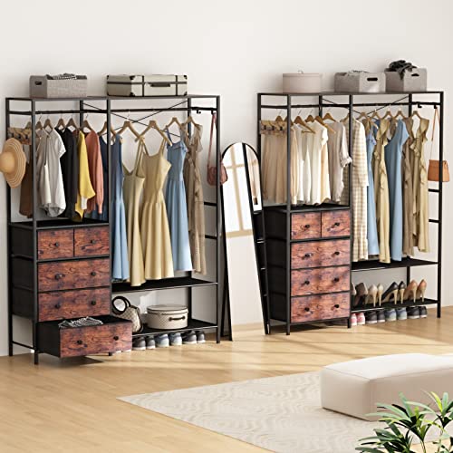 Auromie Heavy Duty Clothes Rack with 5 Drawers & 4 Storage Shelves, 70.9Hx59.1W Clothing Rack with 2 Hanging Rods, Wardrobe Closet Racks with 5 Hooks, Freestanding Garment Racks (Rustic Brown) - color: Rustic Brown