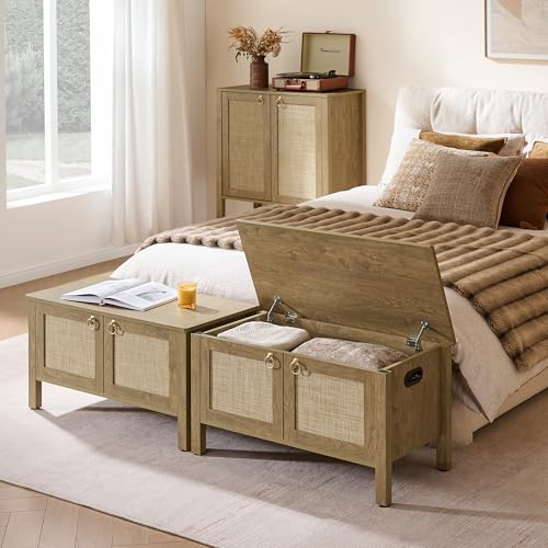 SICOTAS Rattan Shoe Rack Bench with Lift Top Storage: Farmhouse Boho Wide Shoe Cabinet Entryway Bench with Safety Hinges, Wooden Storage Chest for Bedroom, Entryway, Hallway, Living Room - color: Carbon Cherry