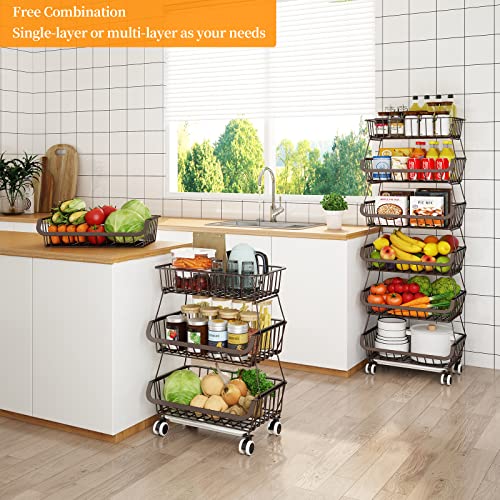 Miyawell Fruit Vegetable Storage Basket for Kitchen - 6 Tier Stackable Metal Wire Baskets Cart with Rolling Wheels Utility Fruits Rack Produce Snack Organizer Bins for Pantry Bathroom Laundry Bronze - color: 6 Tier-bronze