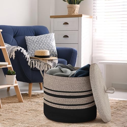 Extra Large Woven Basket with Lid, 18" X 14" Wicker Blanket Storage Basket Living Room, Tall Rope Storage Baskets for Toys, Decorative Kids Toy Bin Box with Cover, Baby Laundry Basket Hamper - color: Jute/Black