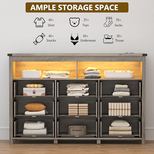 Dresser for Bedroom with 9 Drawers, Wide Chest of Drawers with LED Light and Power Outlet, Wooden Closet Organizer Clothes Storage Cabinet, Modern Double Dressers for Living Room, Hallway, Grey - color: Grey, size: 15.8"D x 59.1"W x 39.4"H (9 Drawers)