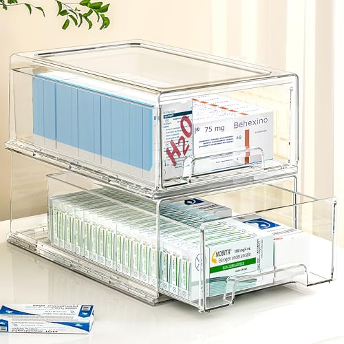 clear Drawer-Type Plastic Storage Box Bins Organizer，Family First Aid Kits Medicine cabinet Box Organizer,Closet ，Shelf，Ointments, Adhesive Bandages，Cosmetics,Office Items (clear, 2L) - size: 2L