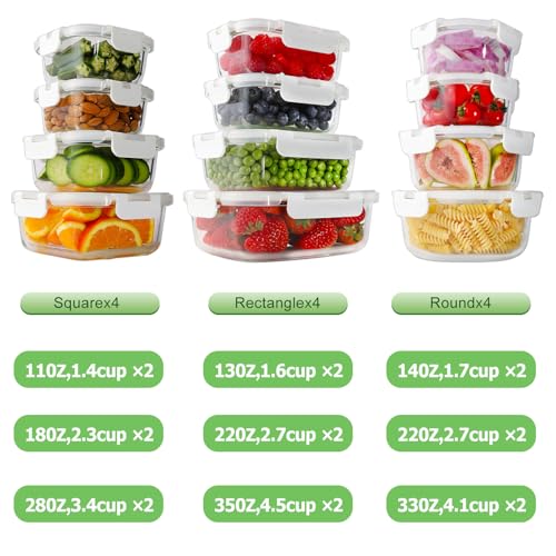 HOMBERKING 24pc Glass Food Storage Containers with Lids, Glass Meal Prep Containers with Leak Proof Snap Lock Lids, Airtight Bento Lunch Boxes, Kitchen Storage (12 lids & 12 Containers) - White - color: White