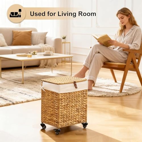 Rolling Laundry Hamper with Lid, Natural Water Hyacinth Basket with Removable Liner, Wheel or Non-Slip Installation Laundry Basket for Home Use (Natural, 65L) - color: Natural, size: 65L