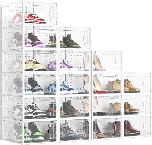 Elechomes Shoe Boxes Clear Plastic Stackable 18 Pack Premium Shoe Organizer Storage for Closet Foldable Shoe Rack Containers Sneaker Display Case Holder Shoe Bin Entryway Drawers Gifts