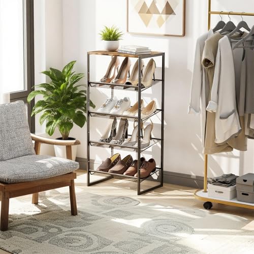 Garden 4 you Shoe Rack for Closet Narrow 5 Tiers, Small Shoe Rack with Brown Wooden Tabletop, Adjustable Metal Shoe Shelf for Closet Entryway Hallway Living Room - color: Brown, size: 5-Tier