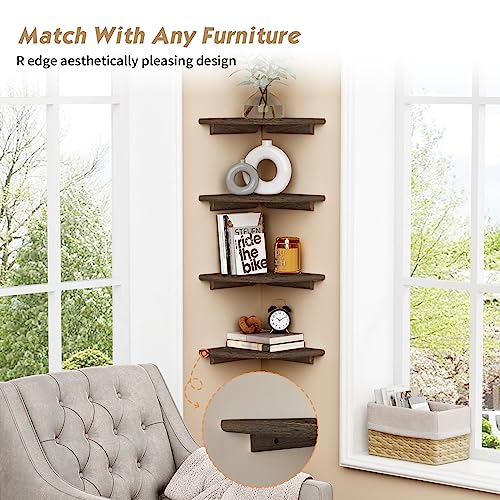 Forbena Floating Corner Shelves for Wall Set of 4, Small Corner Bookshelf for Bedroom Books, Round Wooden Corner Shelf Wall Mount for Bathroom Plants, Kitchen, Living Room Decor (Dark Brown) - color: 3. Rustic Brown, size: 10" Depth